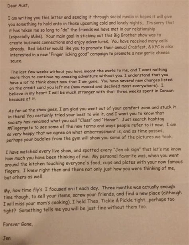 Big Brother 17 Spoilers: Austin’s Ex-Girlfriend Jen Posts Angry Break-Up Letter After Bring Burned by Liz Showmance