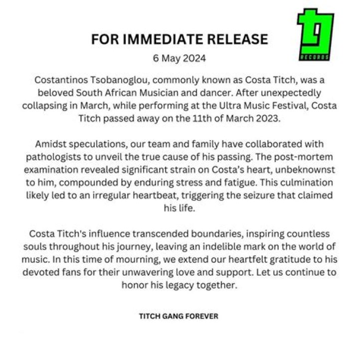 Costa Titch | Death cause